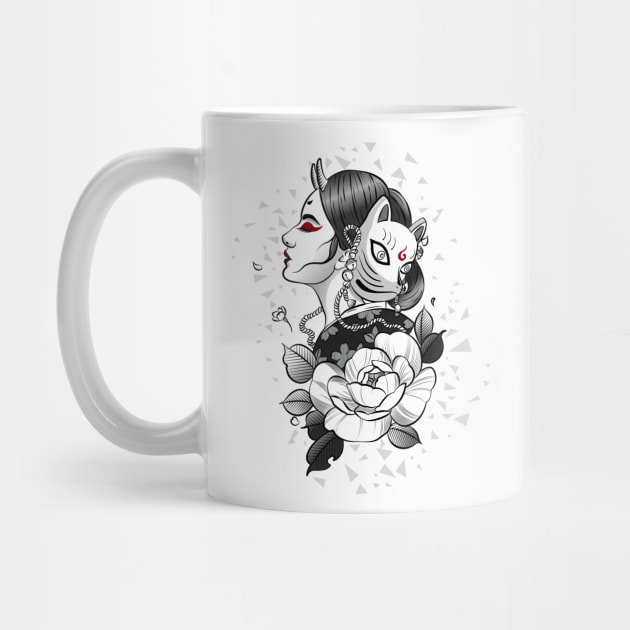 Traditional  black and white Japanese illustration of woman with a kitsune mask and flower by BlindVibes